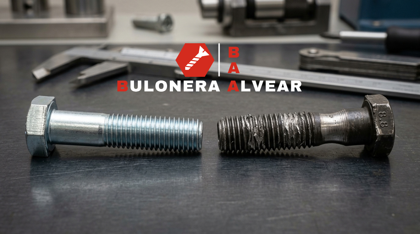 Comparativa macro entre bulón M10 nuevo zincado y tornillo con rosca estirada y deformada por sobretorque