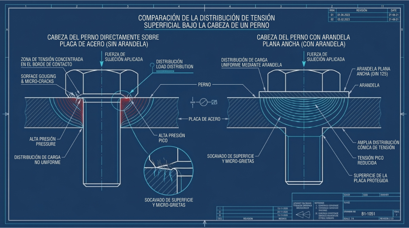Infográfico técnico comparativo da distribuição de tensão sob a cabeça do parafuso: montagem sem arruela causando trincas versus montagem com arruela lisa DIN 125 espalhando a carga uniformemente