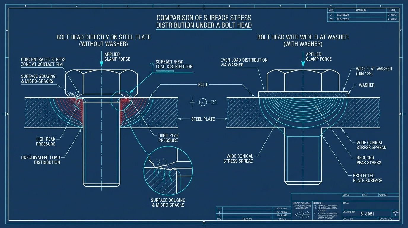 Technical engineering infographic comparing contact stress distribution under a bolt head: left side without washer showing destructive stress concentration versus right side with wide flat washer DIN 125 distributing clamping force evenly