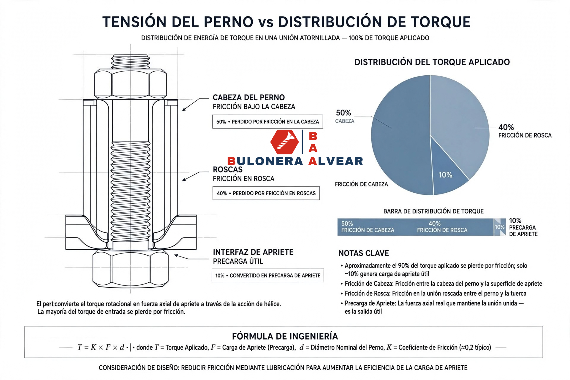 Diagrama técnico de distribución del torque en un bulón: 50% fricción en cabeza, 40% en filetes y 10% tensión útil